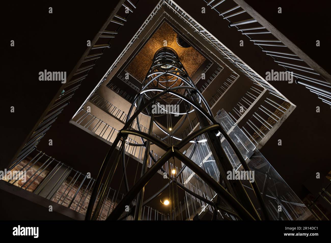 Moody staircase and lift inside the Old Town Hall Tower in Prague (14th century Stock Photo Alamy