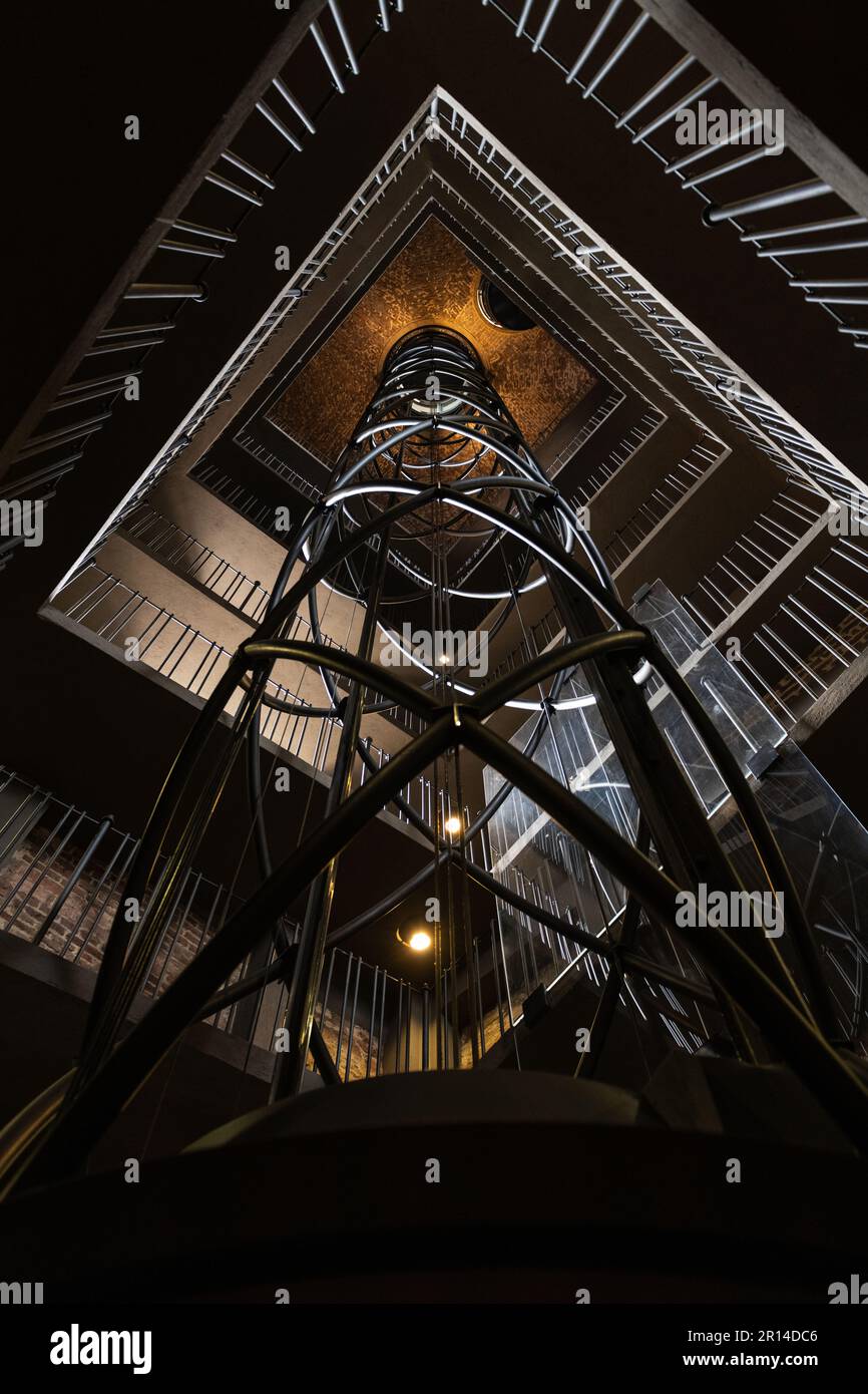 Moody staircase and lift inside the Old Town Hall Tower in Prague (14th century Stock Photo Alamy