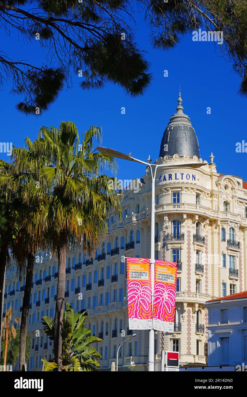 CANNES, FRANCE -16 APR 2023- View of the Carlton Hotel, a historic luxury hotel located on the Croisette Boulevard, where movie stars stay during the Stock Photo