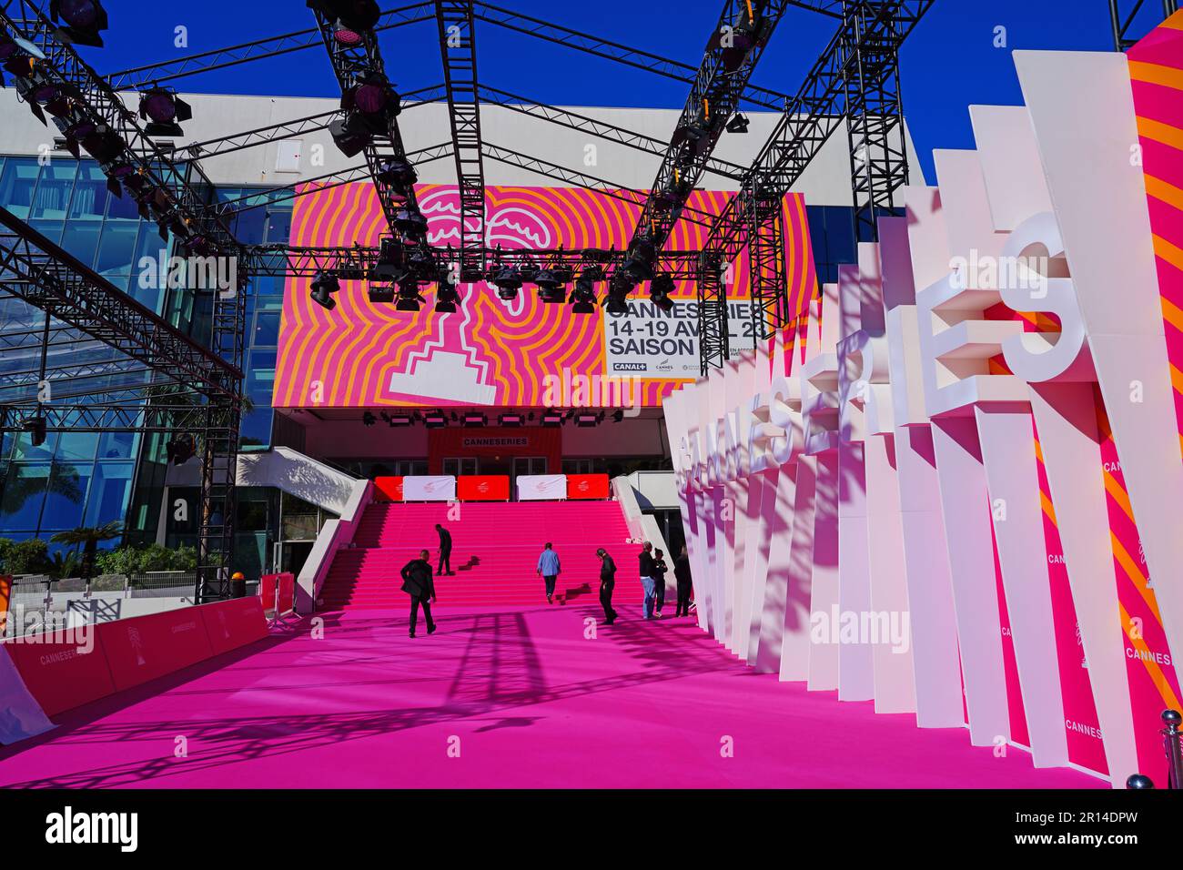 CANNES, FRANCE -16 APR 2023- View of the Palais des Festivals (Palace of Festivals and Congresses of Cannes), a landmark building famous for hosting t Stock Photo