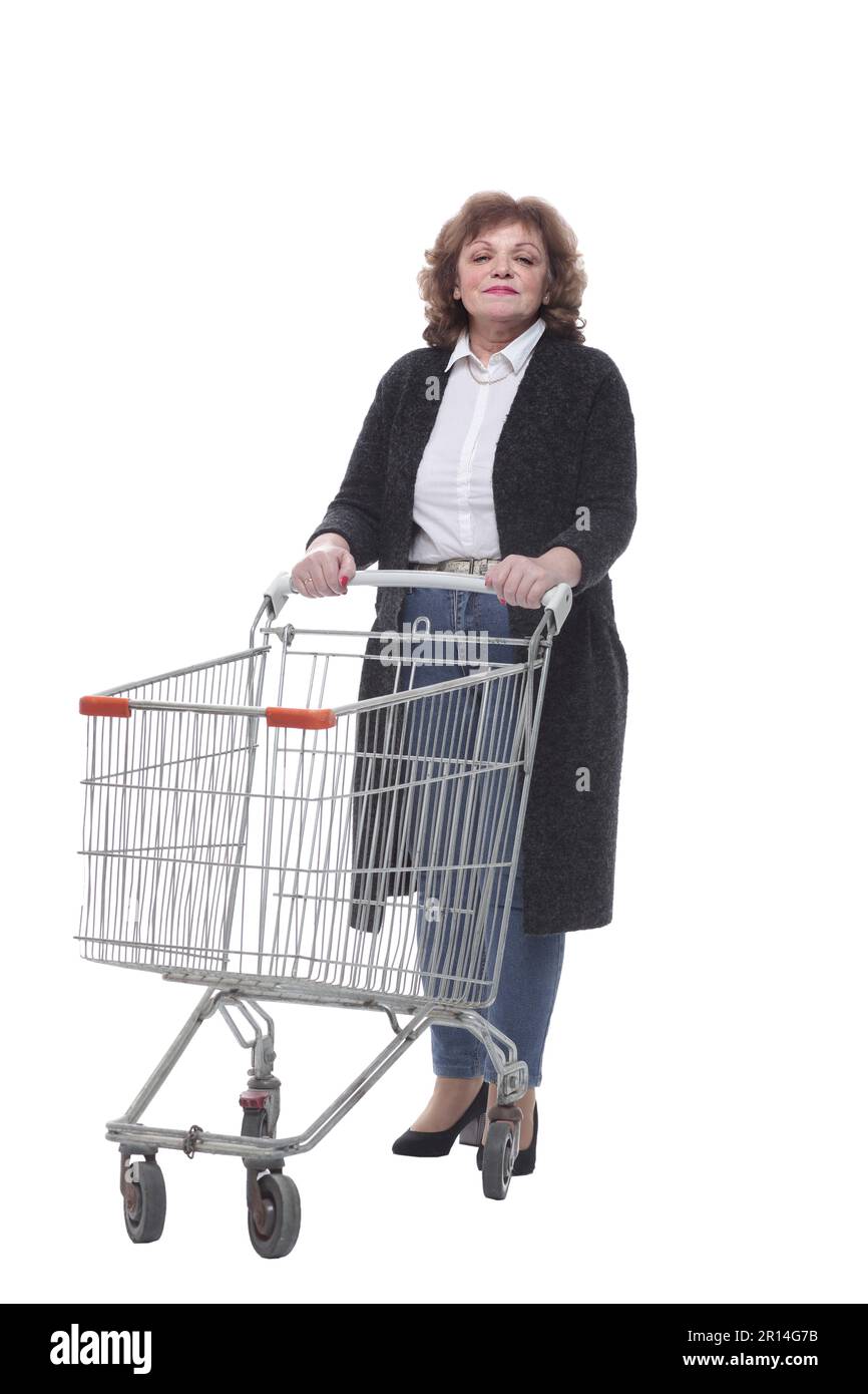 in full growth. casual woman with shopping cart. Stock Photo