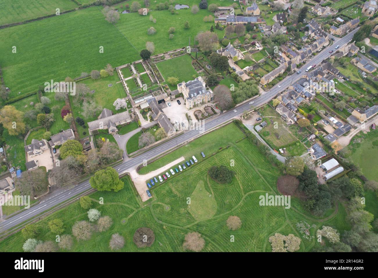 Bourton House Garden , Cotswold UK drone aerial view Stock Photo