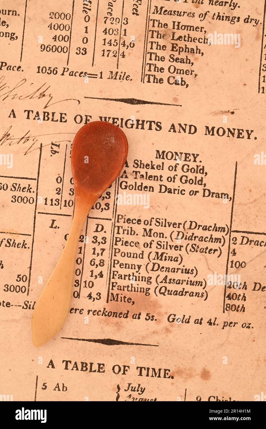 Small used mustard spoon or scoop lying on 19th century printed table of weights and money Stock Photo
