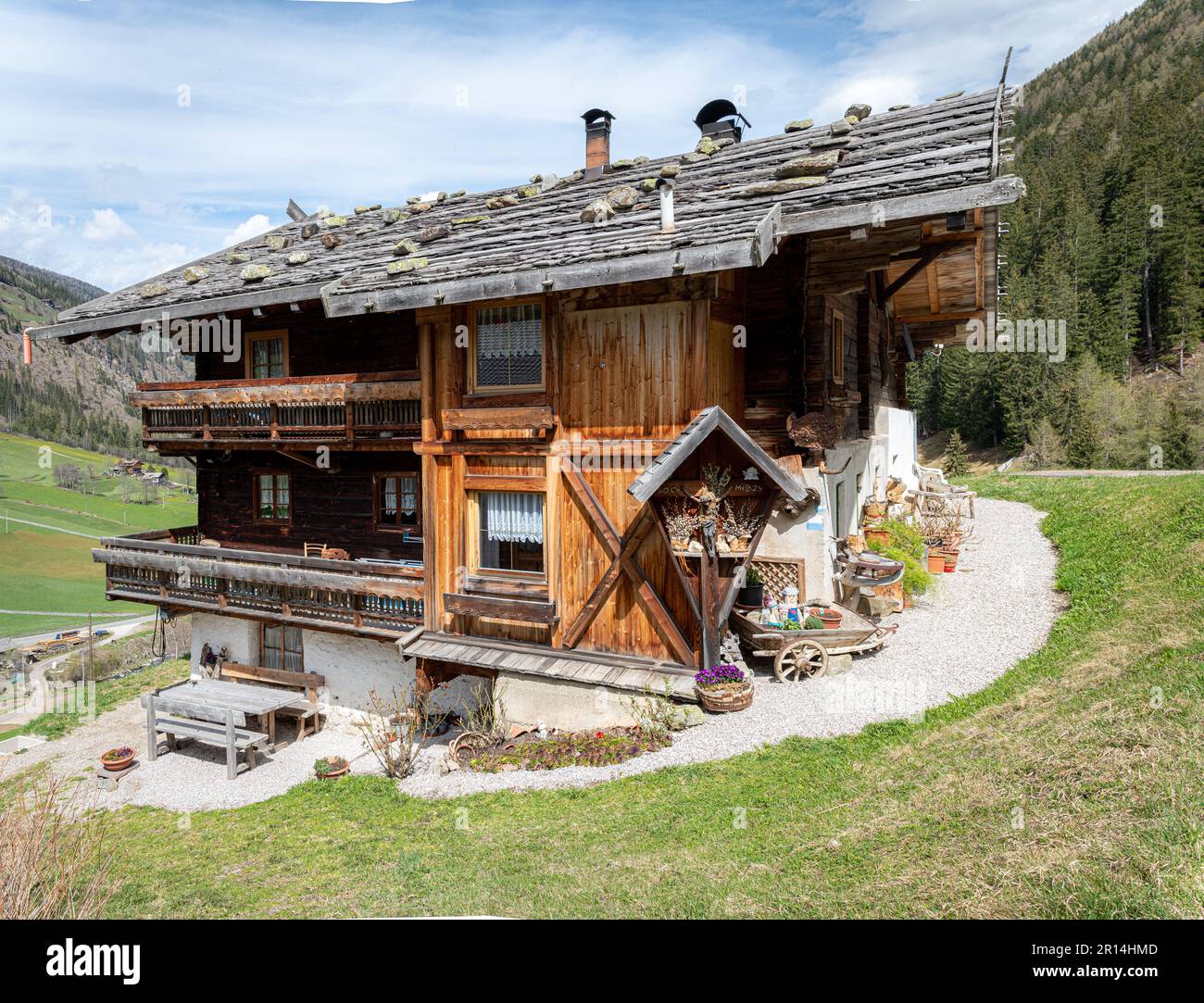 Traditional alpine house (Hof or Maso) in the municipality of Ultimo in Ultental. Trentino Alto Adige Südtirol South Tyrol, Italy Stock Photo