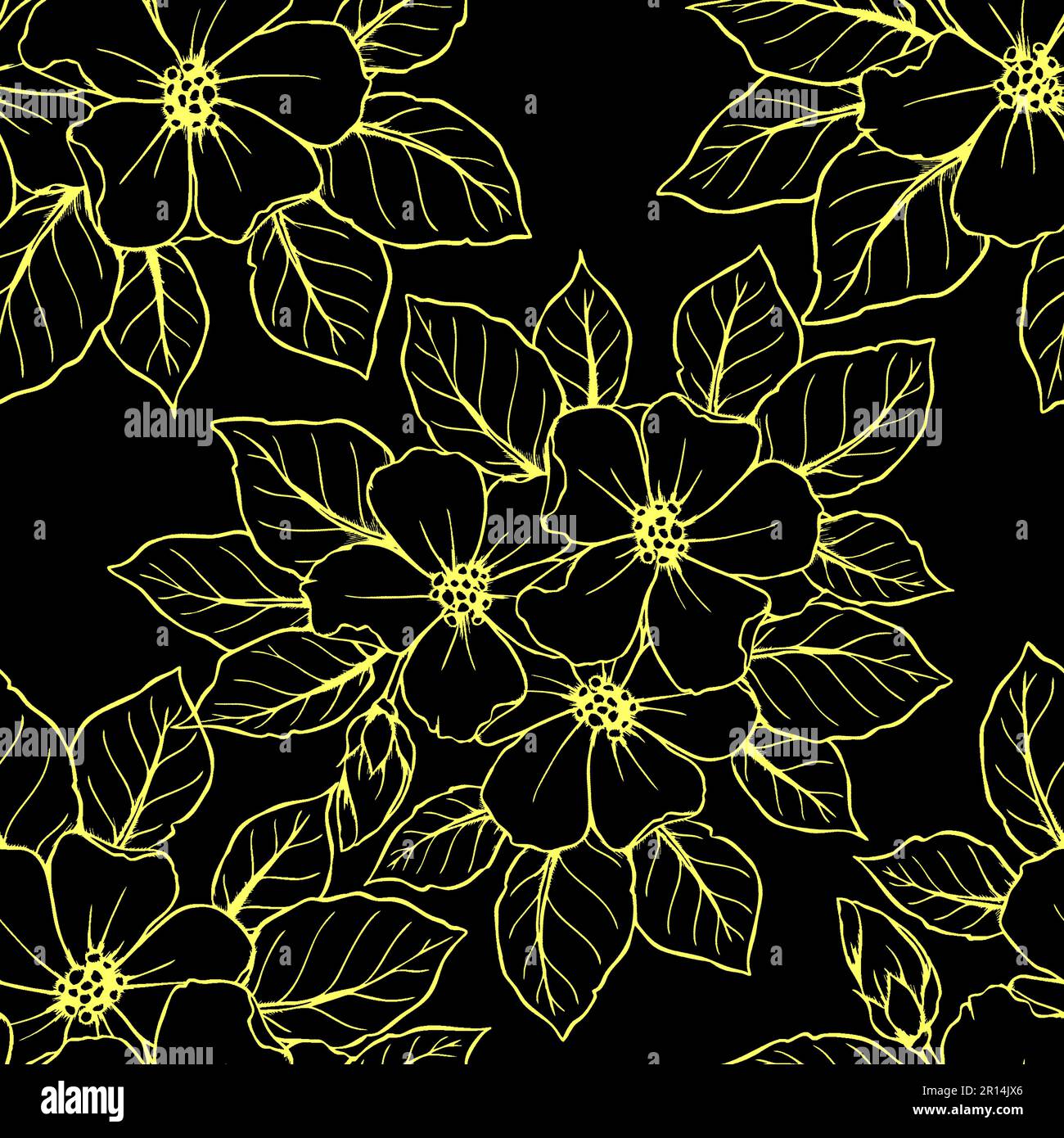 seamless contour pattern of large yellow flowers on a black background ...