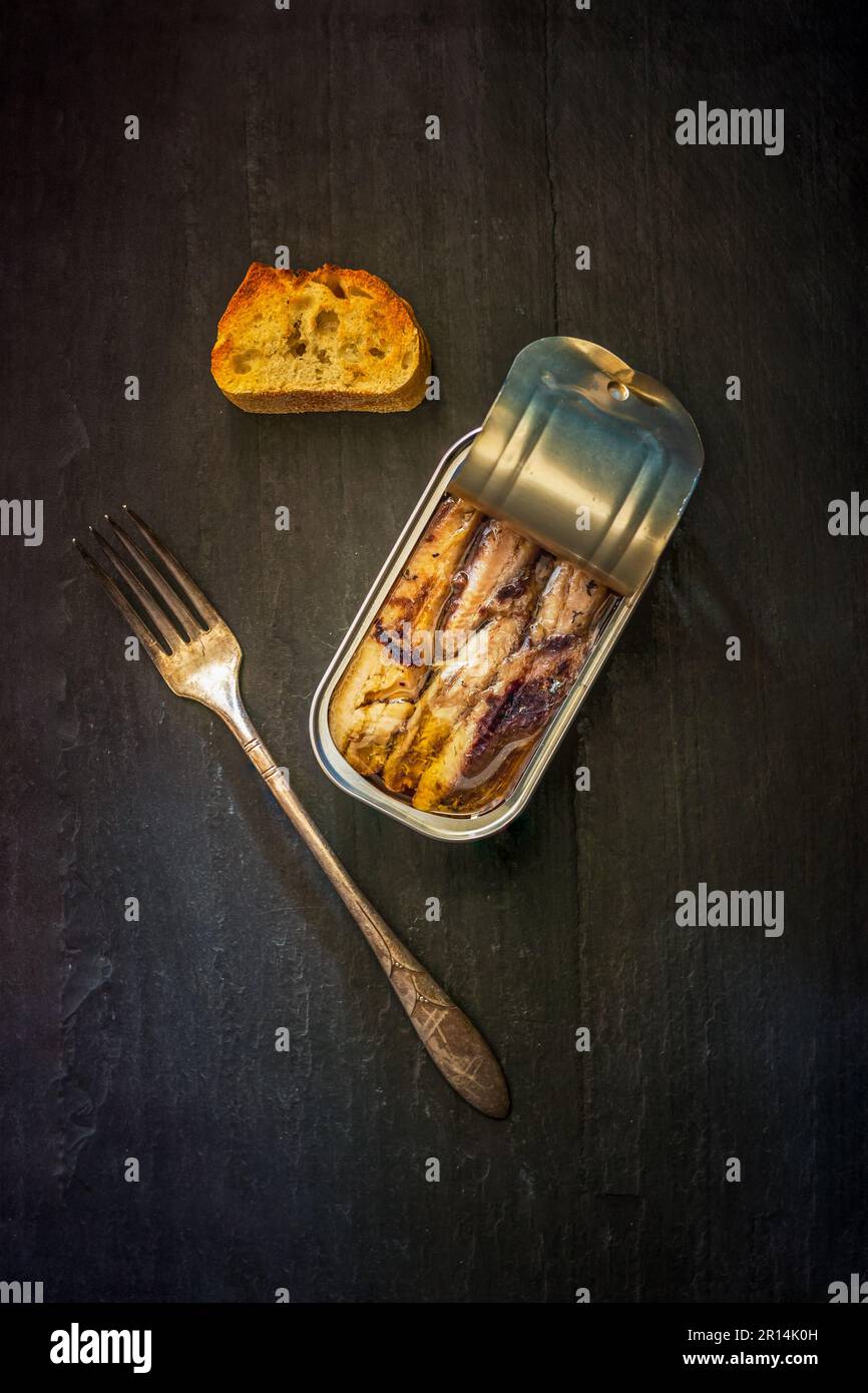 Open sardine can. Dark background, isolated Stock Photo - Alamy