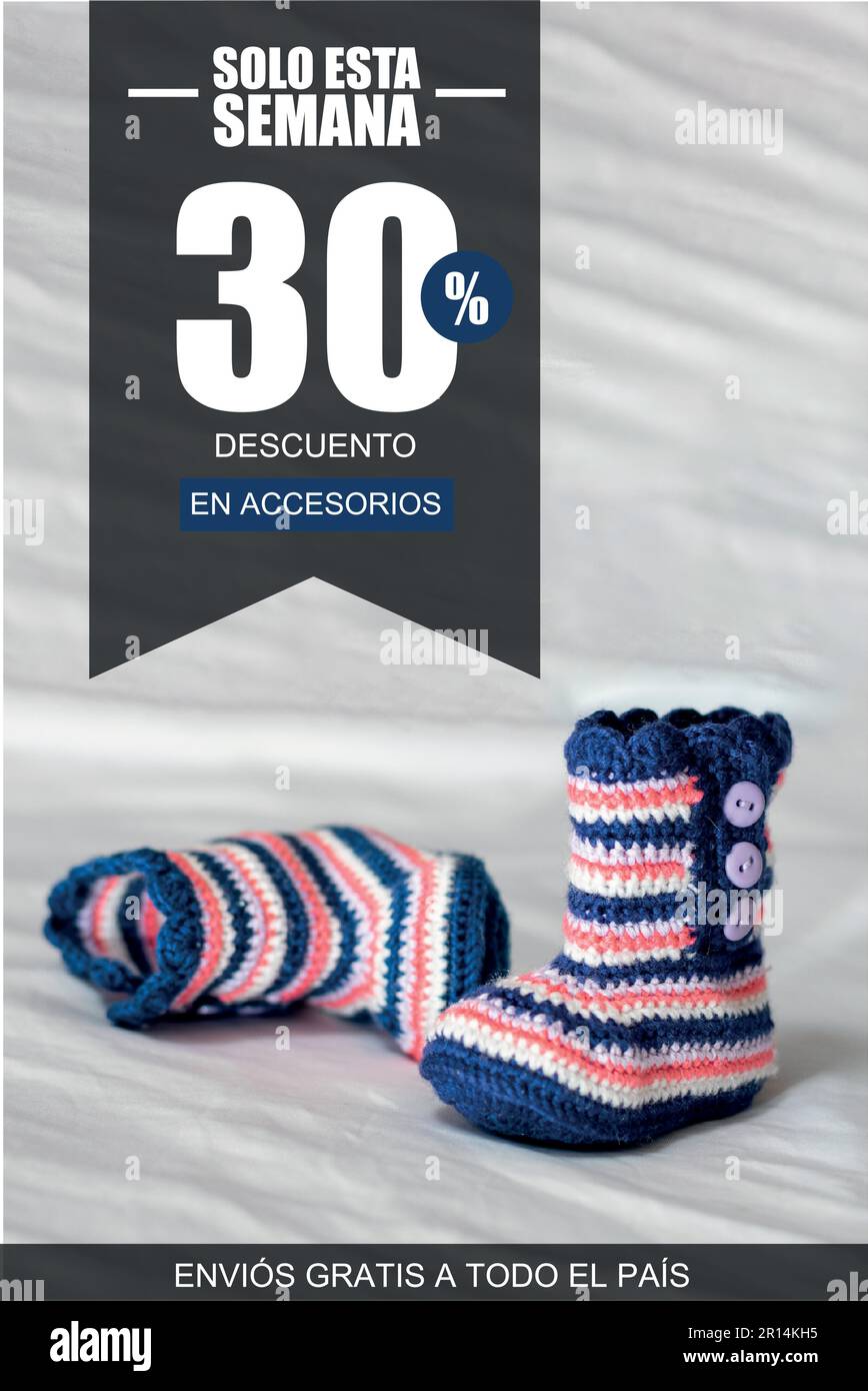 social media banner for a discount baby shoes, with a black ribbon on a