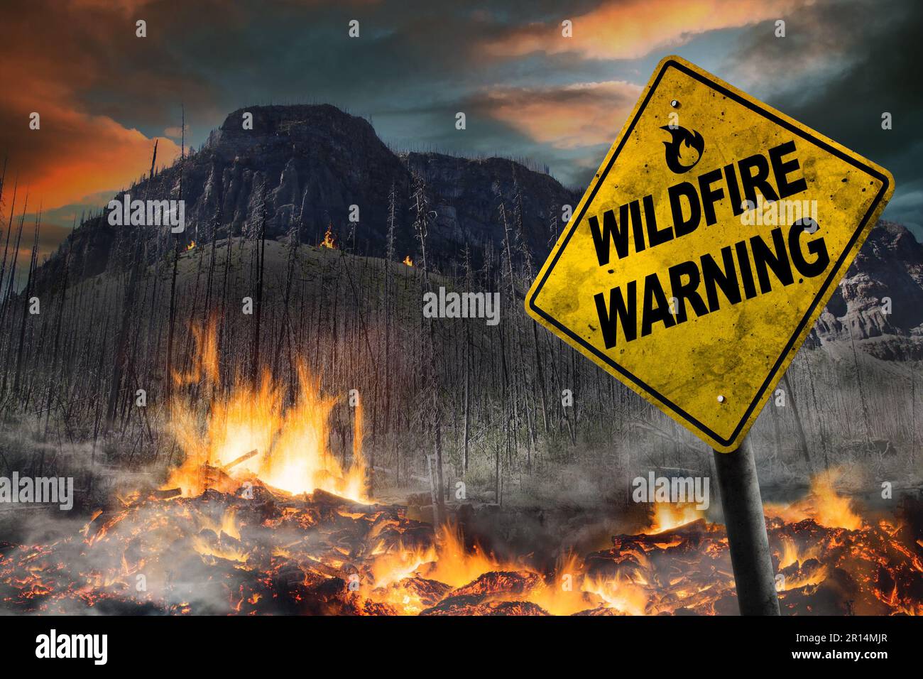 Wildfire warning sign against a forest fire background with burnt trees and vegetation landscape. Dirty and angled sign adds to the drama. Stock Photo