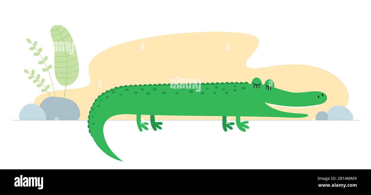 Cute cartoon crocodile. Drawing african baby wild animal alligator. Kind smiling jungle safari croc. Vector eps creative graphic hand drawn print Stock Vector