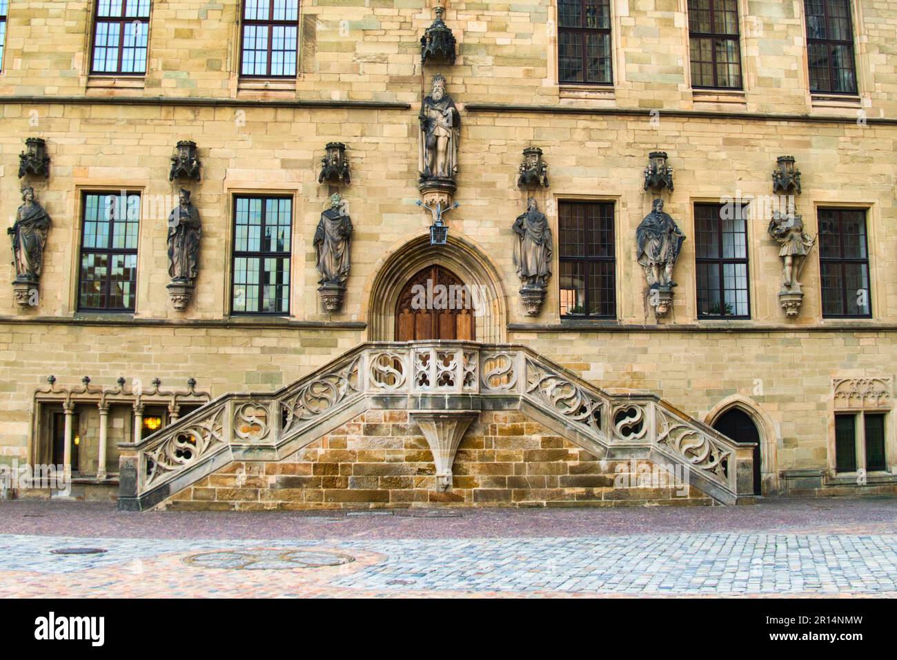 Staircase of Osnabrück town hall View of the facade of the historic building in which the Peace of Westphalia was decided in 1648 Stock Photo