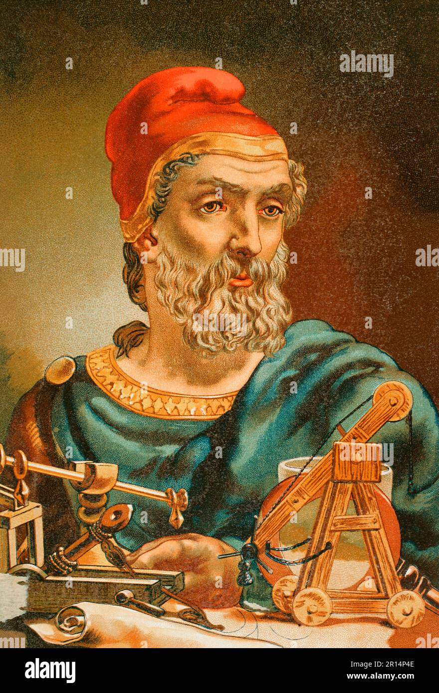 Archimedes (287 BC - 212 BC). Ancient Greek mathematician and inventor. Portrait. Chromolithography. 'Historia Universal' by César Cantú. Volume III, 1882. Stock Photo