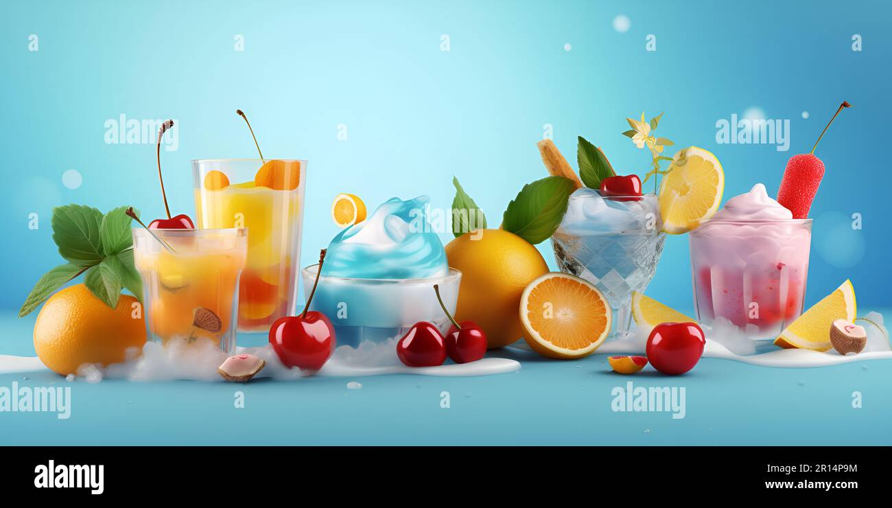 Dessert collection of sweet drinks. A set of cocktails and ice cream  decorated with fruits and sweets. Summer banner, cool drinks concept Stock  Photo - Alamy