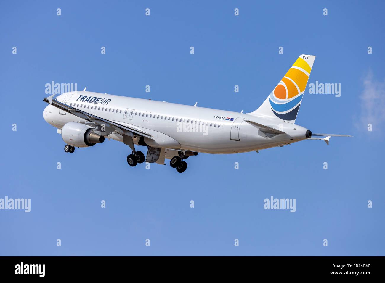 Trade Air Airbus A320-214 (REG: 9A-BTK) departing after some maintenance. Stock Photo