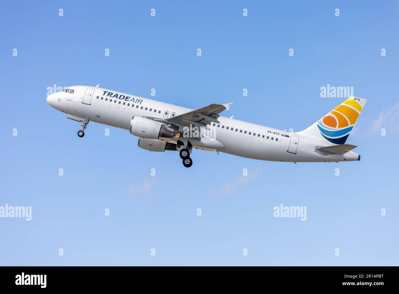 Trade Air Airbus A320-214 (REG: 9A-BTK) departing after some maintenance. Stock Photo