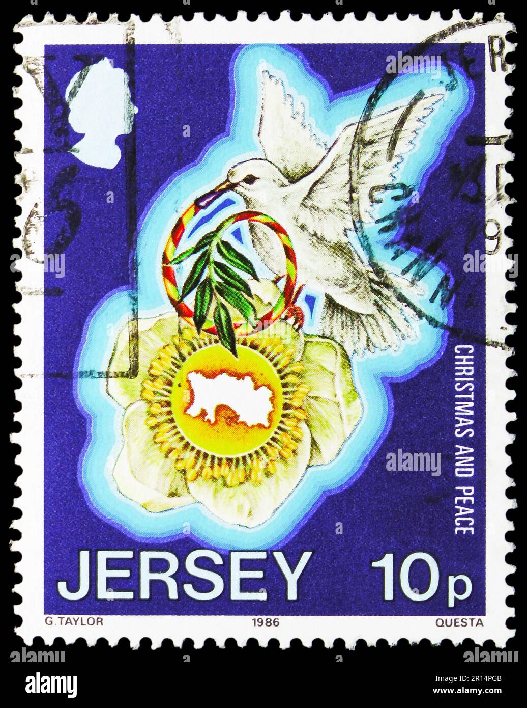 MOSCOW, RUSSIA - APRIL 08, 2023: Postage stamp printed in Jersey shows Island Map on Jersey Lily and Dove holding Olive Branch, Christmas 1986: Intern Stock Photo