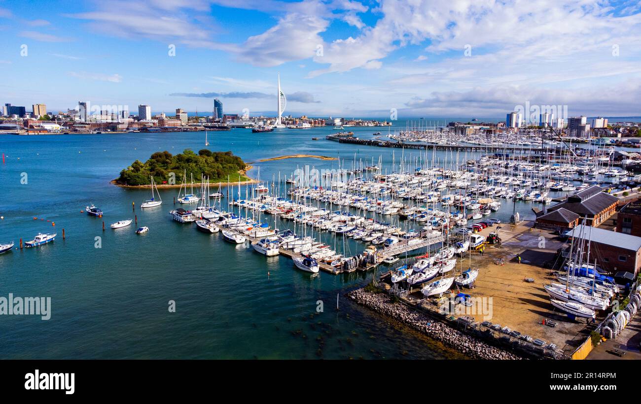 Aerial view of the Marina of Gosport behind Burrow Island in Portsmouth Harbor in the south of England on the Channel coast Stock Photo