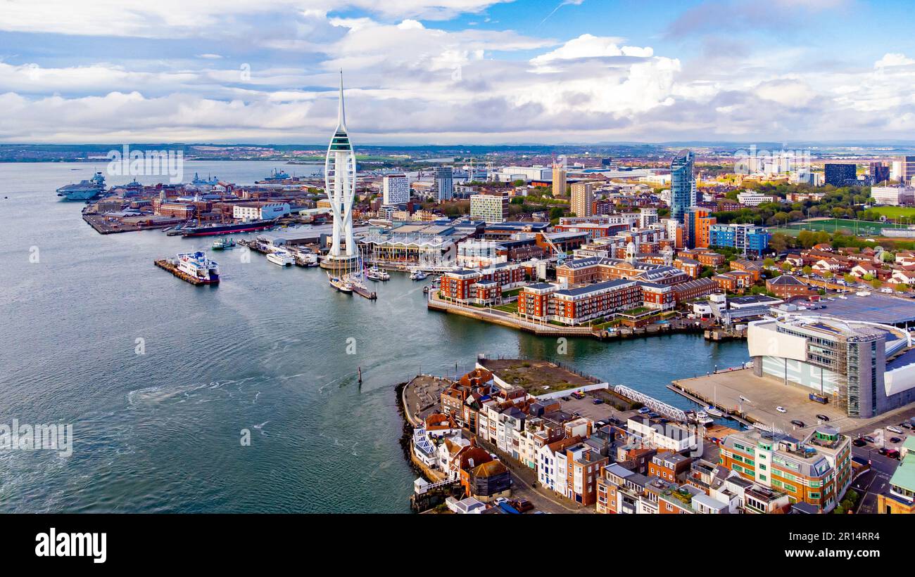 Aerial view of the sail-shaped Spinnaker Tower in Portsmouth Harbor in the south of England on the Channel coast - Gunwharf Quays modern shopping mall Stock Photo