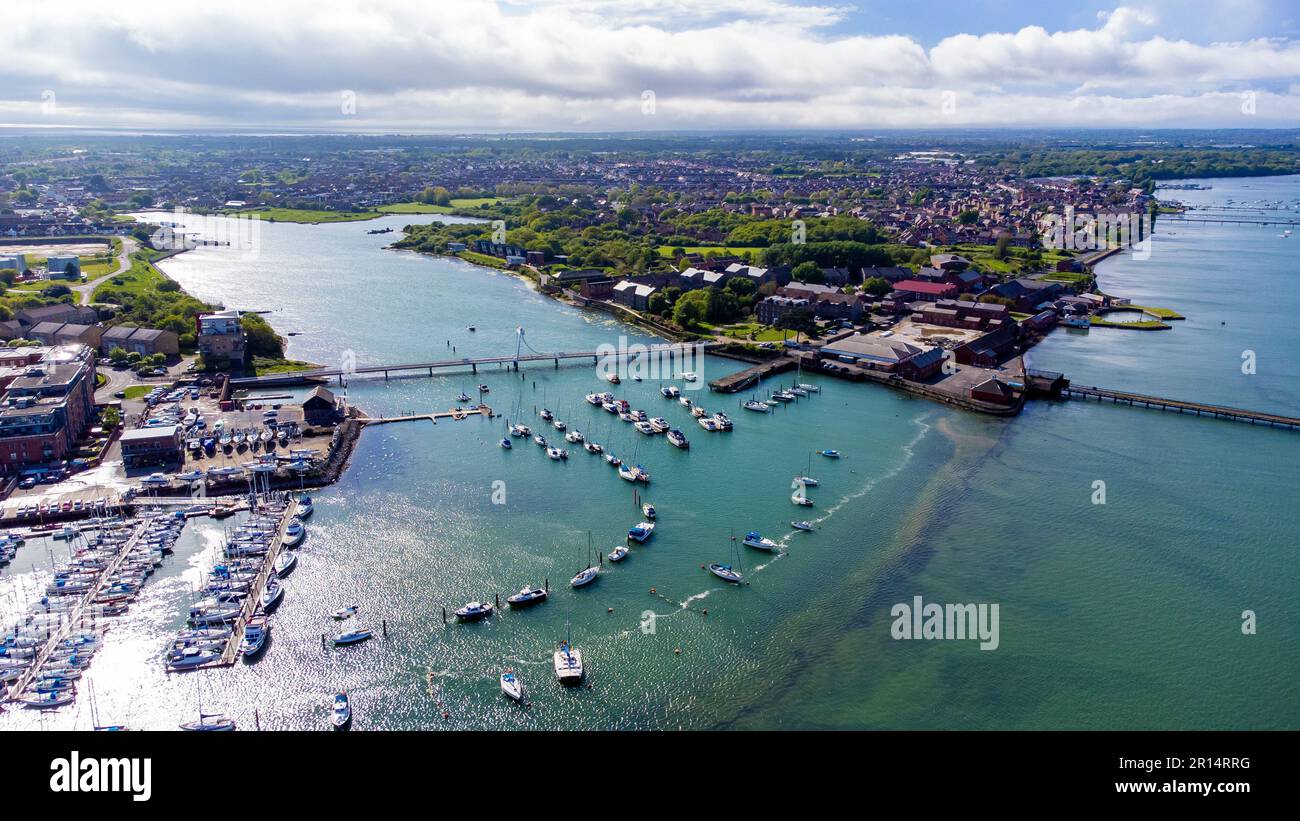 Aerial view of the Millennium Bridge and Forton Lake in Gosport, a town of the Portsmouth Harbour on the English Channel coast in the south of England Stock Photo
