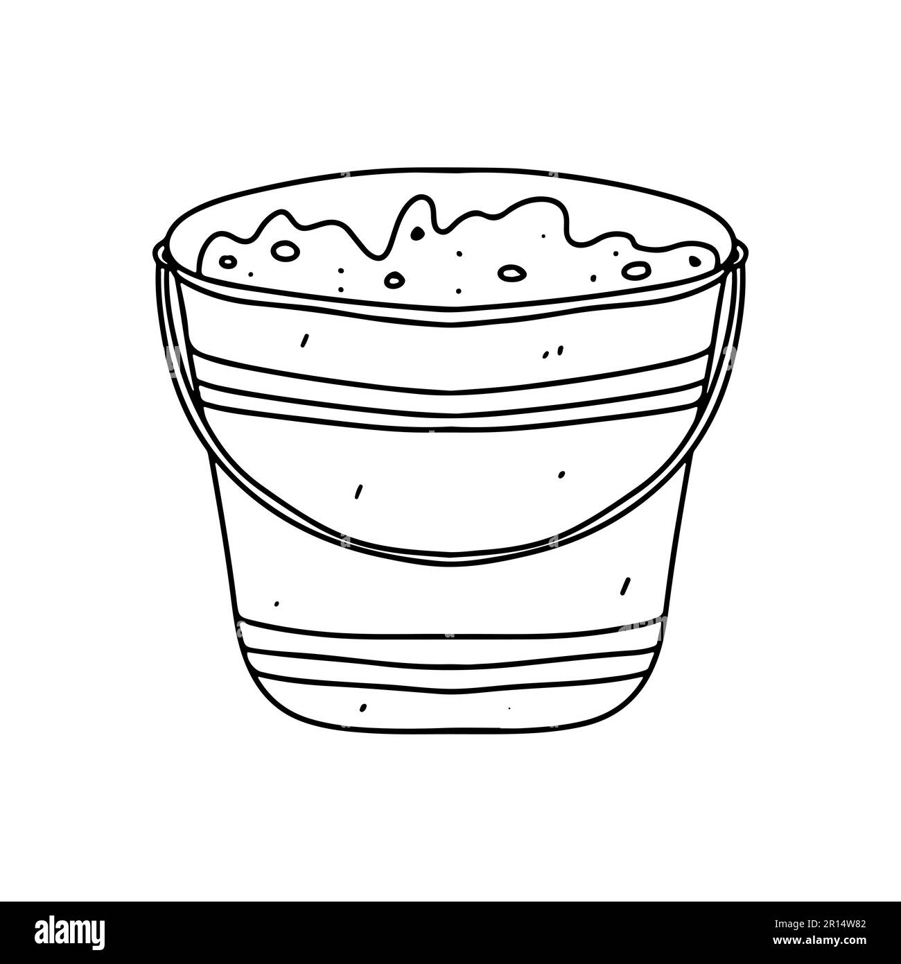 Bucket full of soil in hand drawn doodle style. Vector illustration isolated on white. Coloring page Stock Vector