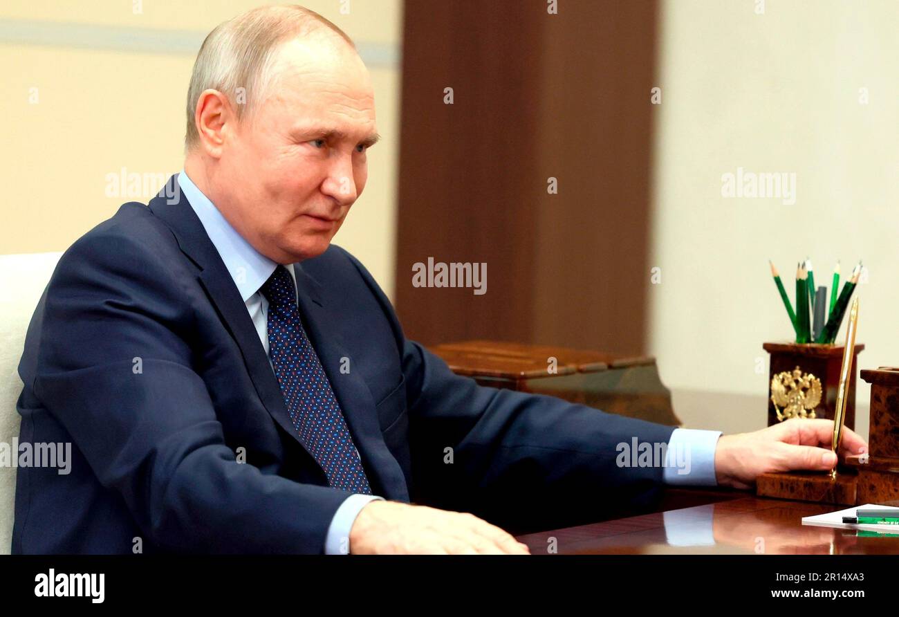 Novo-Ogaryovo, Russia. 11th May, 2023. Russian President Vladimir Putin holds a face-to-face meeting with Tyumen Region Governor Alexander Moor at the official presidential residence at Novo-Ogaryovo, May 1, 2023 in Moscow, Russia. Credit: Mikhail Klimentyev/Kremlin Pool/Alamy Live News Stock Photo