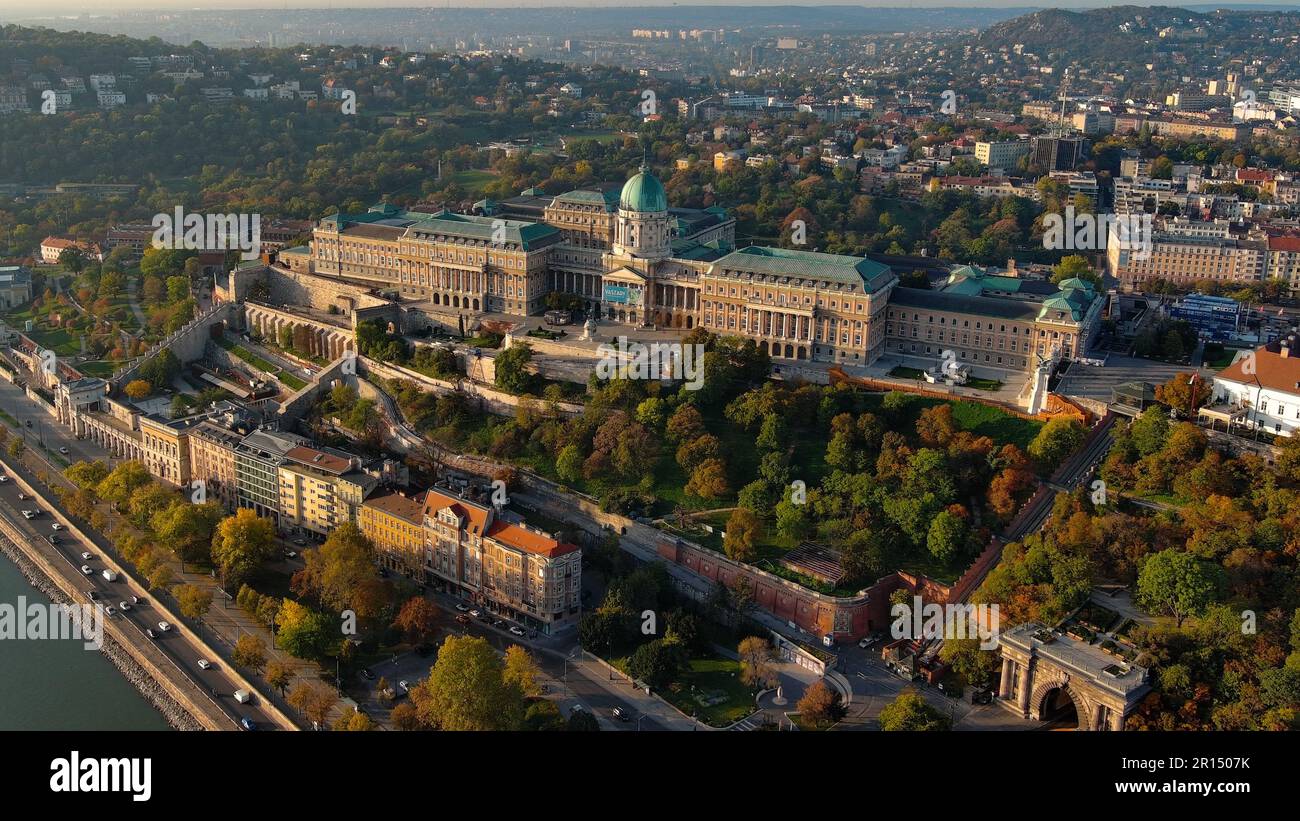 Aerial skyline view of Budapest with Buda Castle Royal Palace and River ...