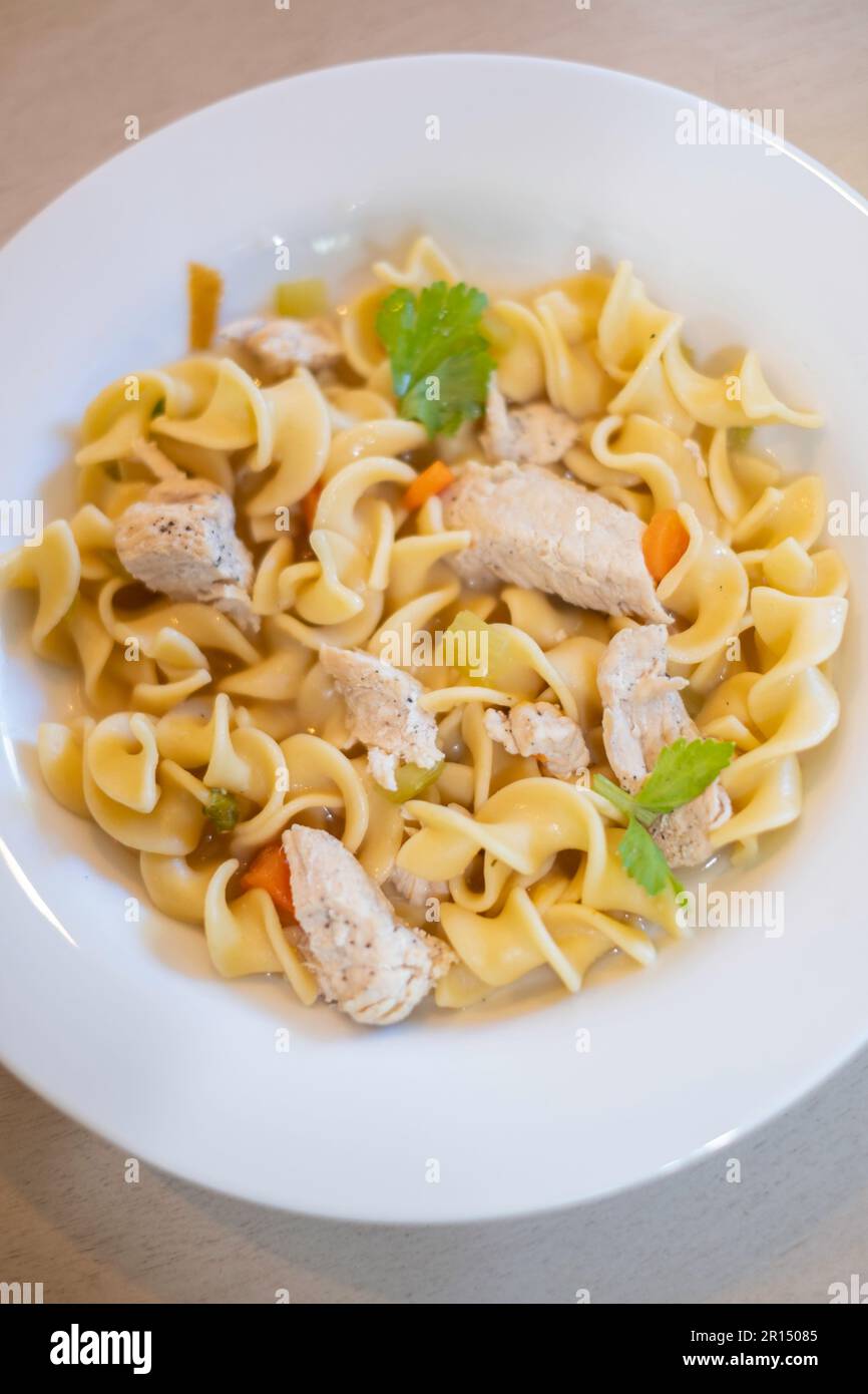 Chunks of tender chicken among curly noodles with celery & carrots in a white bowl, on a table. USA. Stock Photo