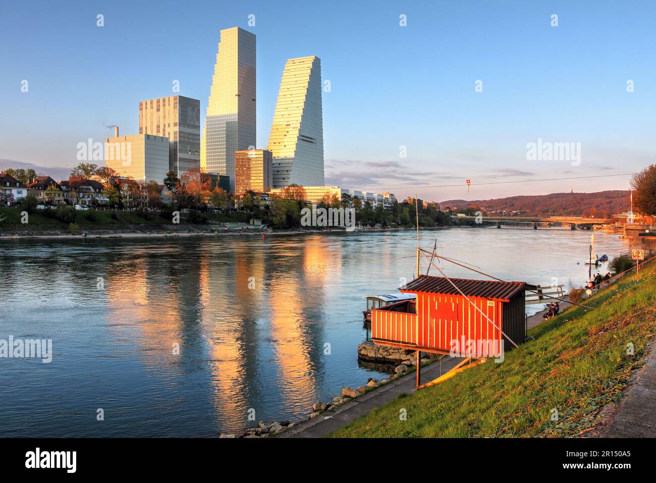 The two skyscrapers commonly referred to as Roche Towers have been built in 2015 and 2022 respectively along the Rhine River. The taller one, finished Stock Photo