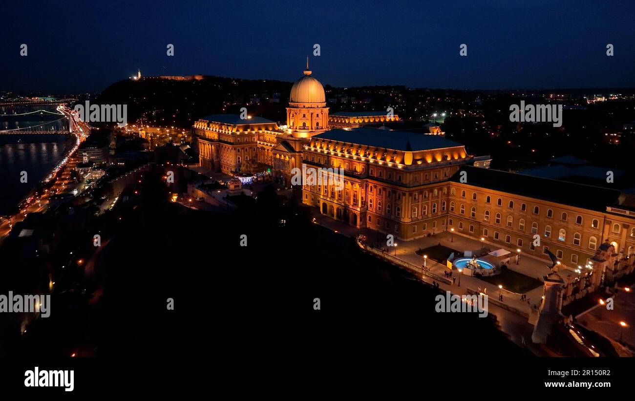 Aerial night view of Buda Castle Royal Palace in Budapest city, Hungary ...