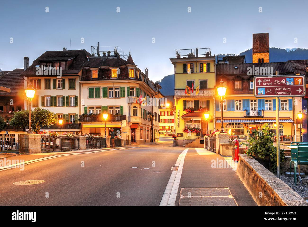Historic houses in Unterseen Interlaken in Bern Canton, Switzerland at twilight. Stock Photo