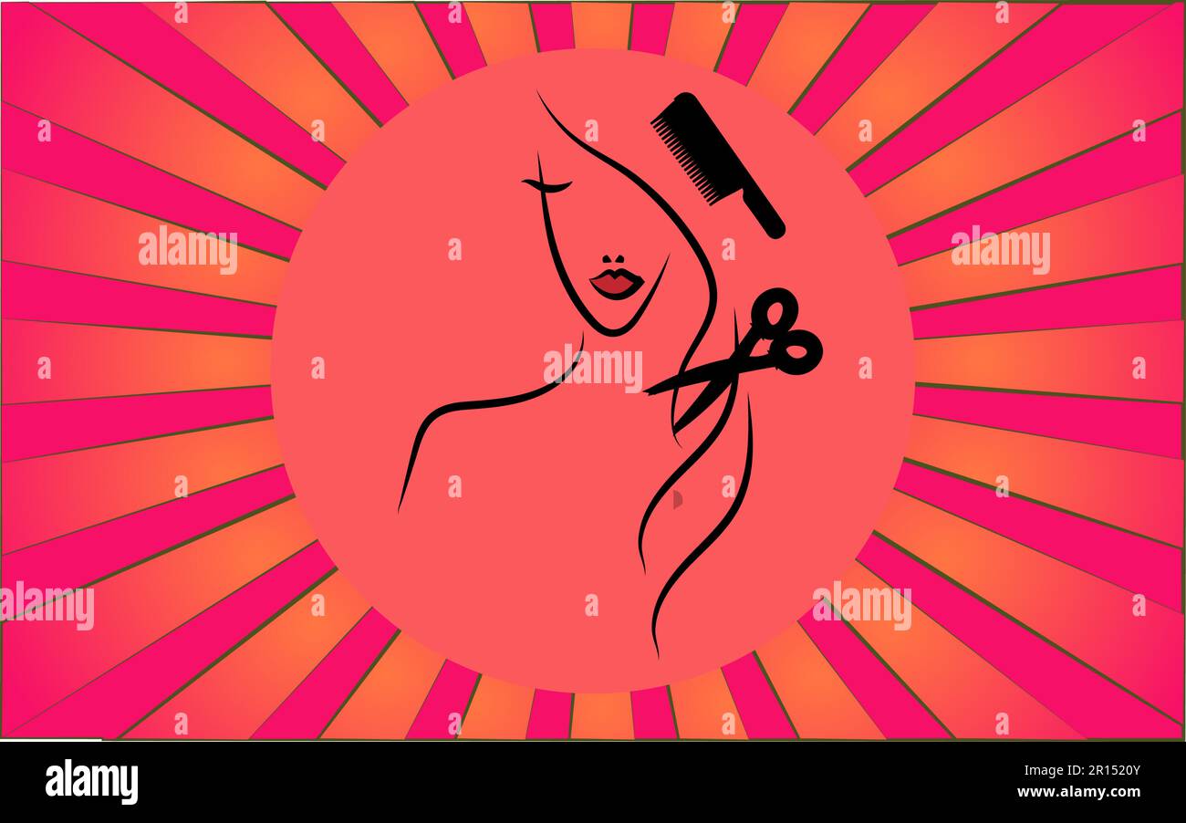 Linear round icon of a woman with long hair with a comb and scissors in