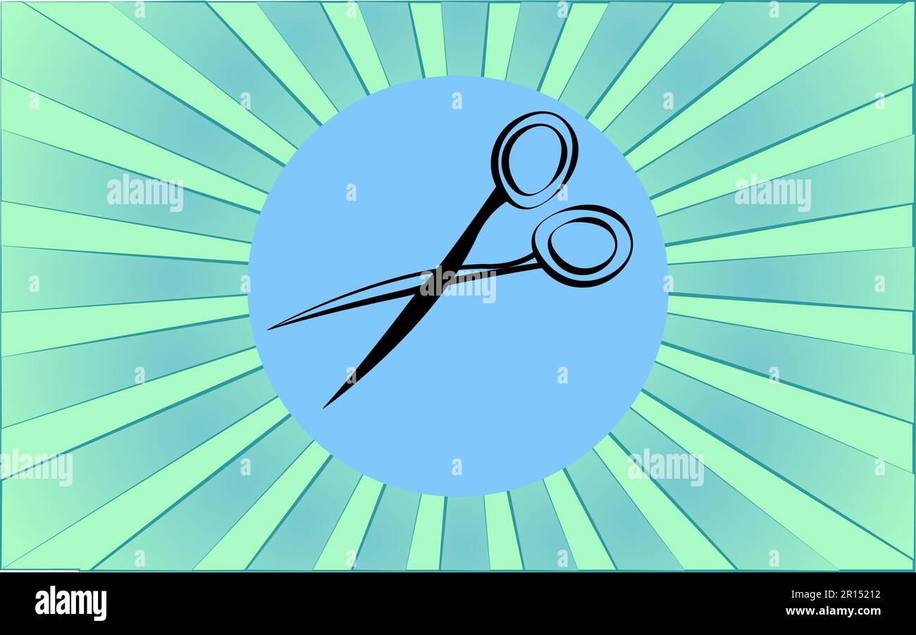 Linear round icon of scissors at the hairdresser on a background of abstract blue rays. Vector illustration. Stock Vector