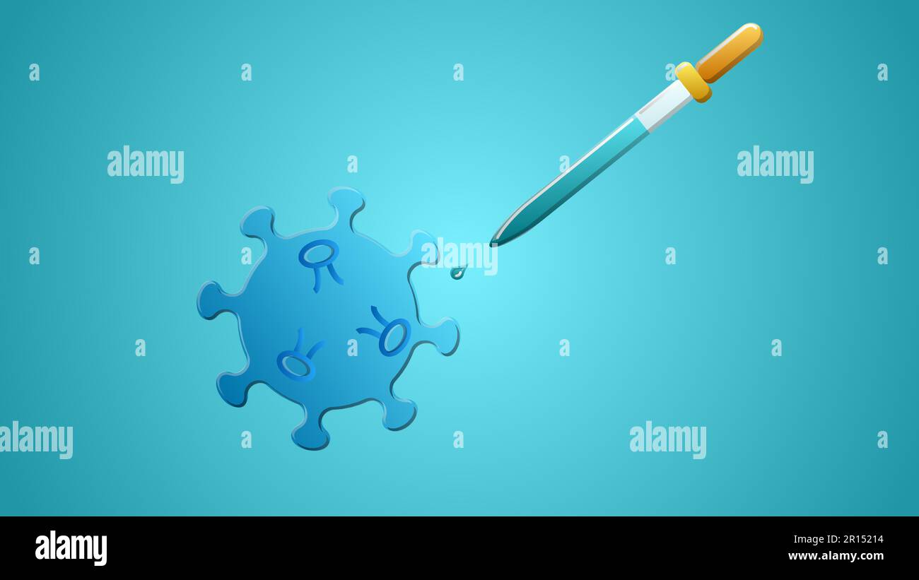 Glass laboratory medical pipette scientific for the diagnosis and study of coronavirus infection disease covid-19 virus molecule on a blue background. Stock Vector