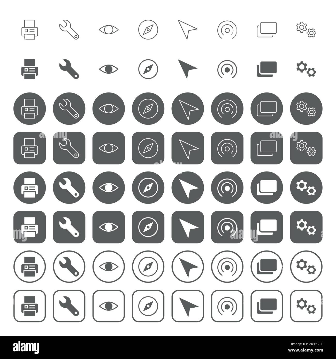 Web user interface icons. icon set contains such icons as fax machine,  wrench, eye, compass, location arrow, radio broadcasting, copying, gears  Stock Vector Image & Art - Alamy