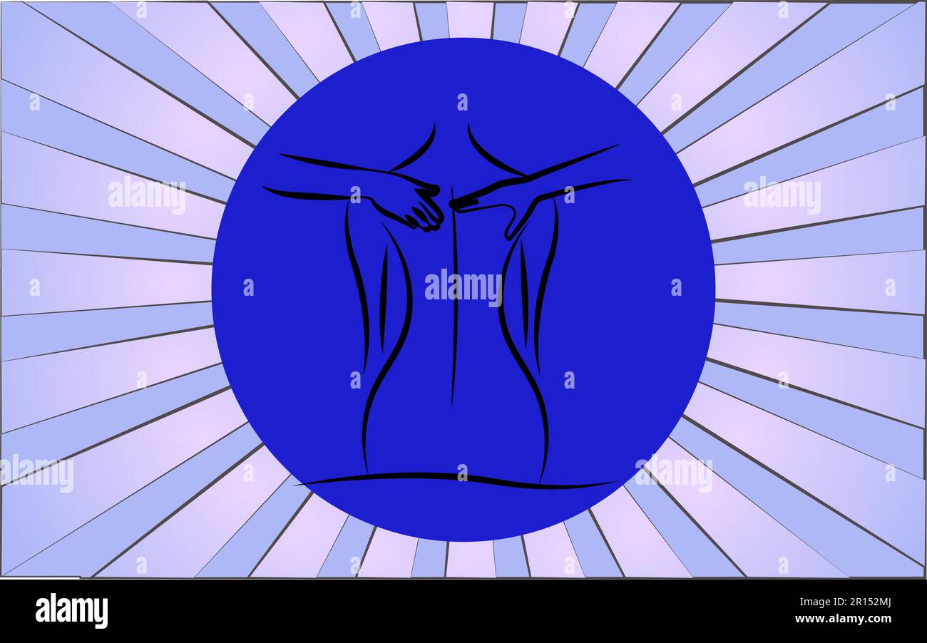 Linear round icon of back massage on a background of abstract blue rays