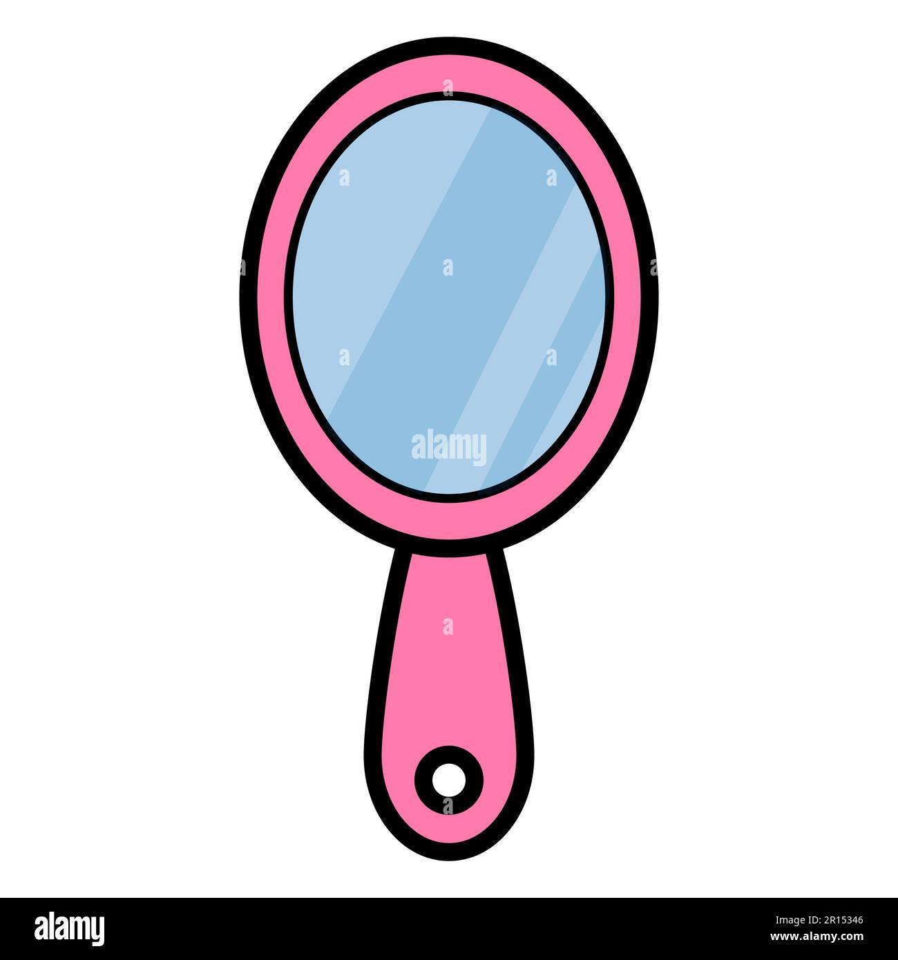 Flat pink beautyfull simple icon of a trendy glamorous oval mirror for applying makeup with a handle for beauty guidance. Vector illustration. Stock Vector