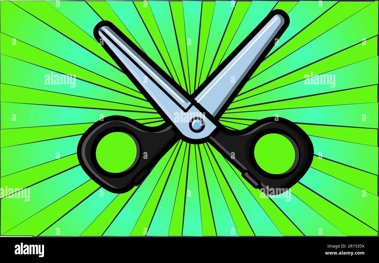 Beauty glamorous barber scissors for styling hair and beauty on a background of abstract green rays. Vector illustration. Stock Vector