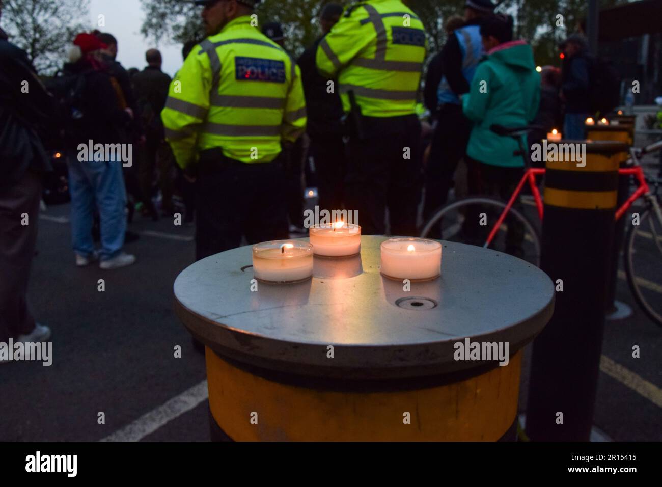 London, England, UK. 11th May, 2023. Animal rights group Animal Rising staged a vigil outside New Scotland Yard for two dogs, named Marshall and Millions, who were killed by police officers. The officers tasered the owner, Louie Turnbull, and shot the dogs, with a graphic video of the shooting causing outrage. (Credit Image: © Vuk Valcic/ZUMA Press Wire) EDITORIAL USAGE ONLY! Not for Commercial USAGE! Stock Photo