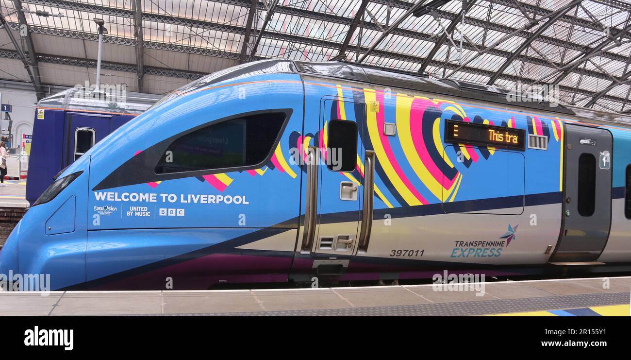 Liverpool, England  11th May April 2023 A train operated by TransPennine Express stabled at Liverpool Lime St Station.  The train is decorated to celebrate the Eurovision song contest that was held in Liverpool at the time. It was the day that TPE received notification that their franchise would not be extended and control of their franchise would revert to the Government. The class 397 unit were built by CAF in Beasain, Spain for lease to TPE.  Twelve five car units were built to operated on services between Liverpool Line St/Manchester Airport & Edinburgh Waverley/Glasgow Central. ©Ged Noona Stock Photo