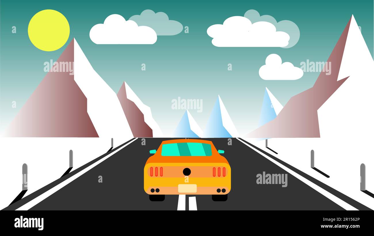 Yellow sporty fast beautiful powerful car rides along the road against a background of a mountain winter landscape and evening clouds and copy space. Stock Vector
