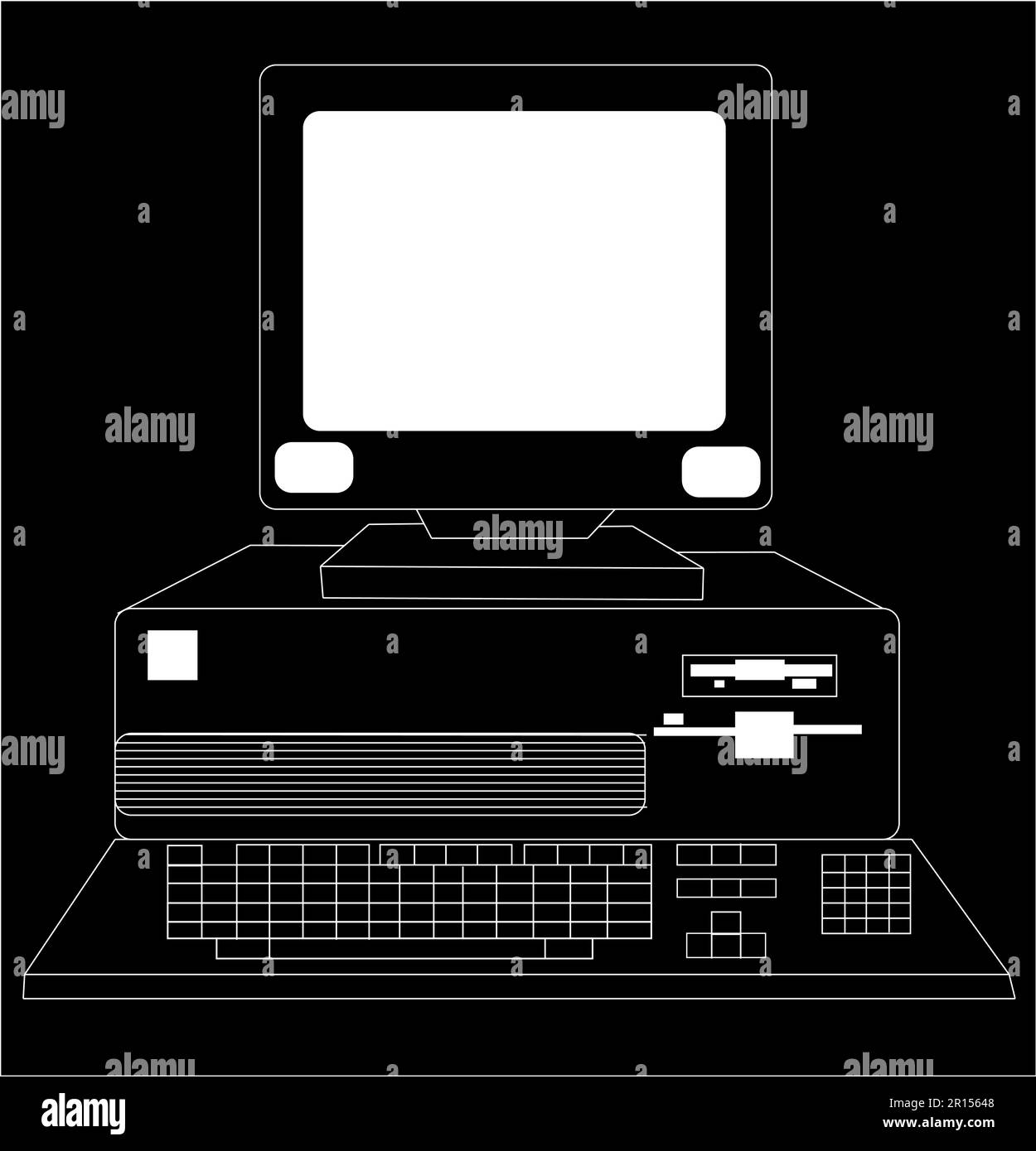 Black and white retro, vintage, old computer from the 80s drawn by a