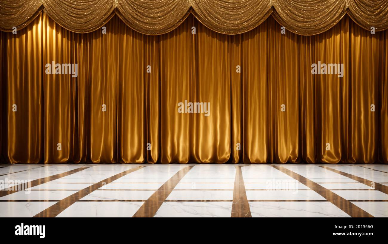 A marble floor stage with a golden curtain background and spotlights for luxury presentation event premiere theatre Stock Photo
