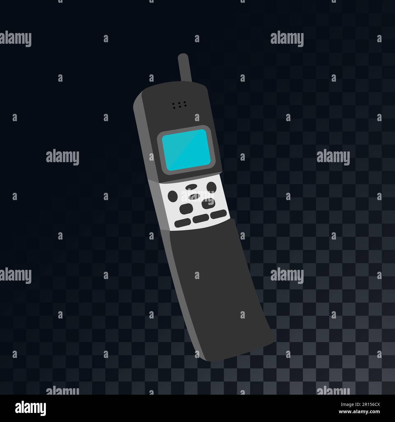 Old retro vintage mobile phone with antenna from the 70s, 80s, 90s on a translucent, dark, squared gray background of squares. Vector illustration. Stock Vector