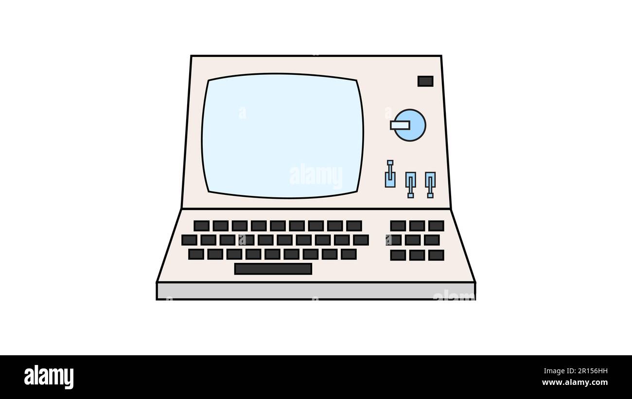 Old retro vintage hipster computer, pc with monitor and keyboard from 70s, 80s, 90s. Beautiful white icon. Vector illustration. Stock Vector