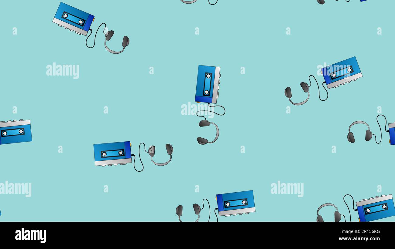Seamless pattern of retro old hipster music audio cassette players from the 70s, 80s, 90s, 2000s on a blue background. Stock Vector