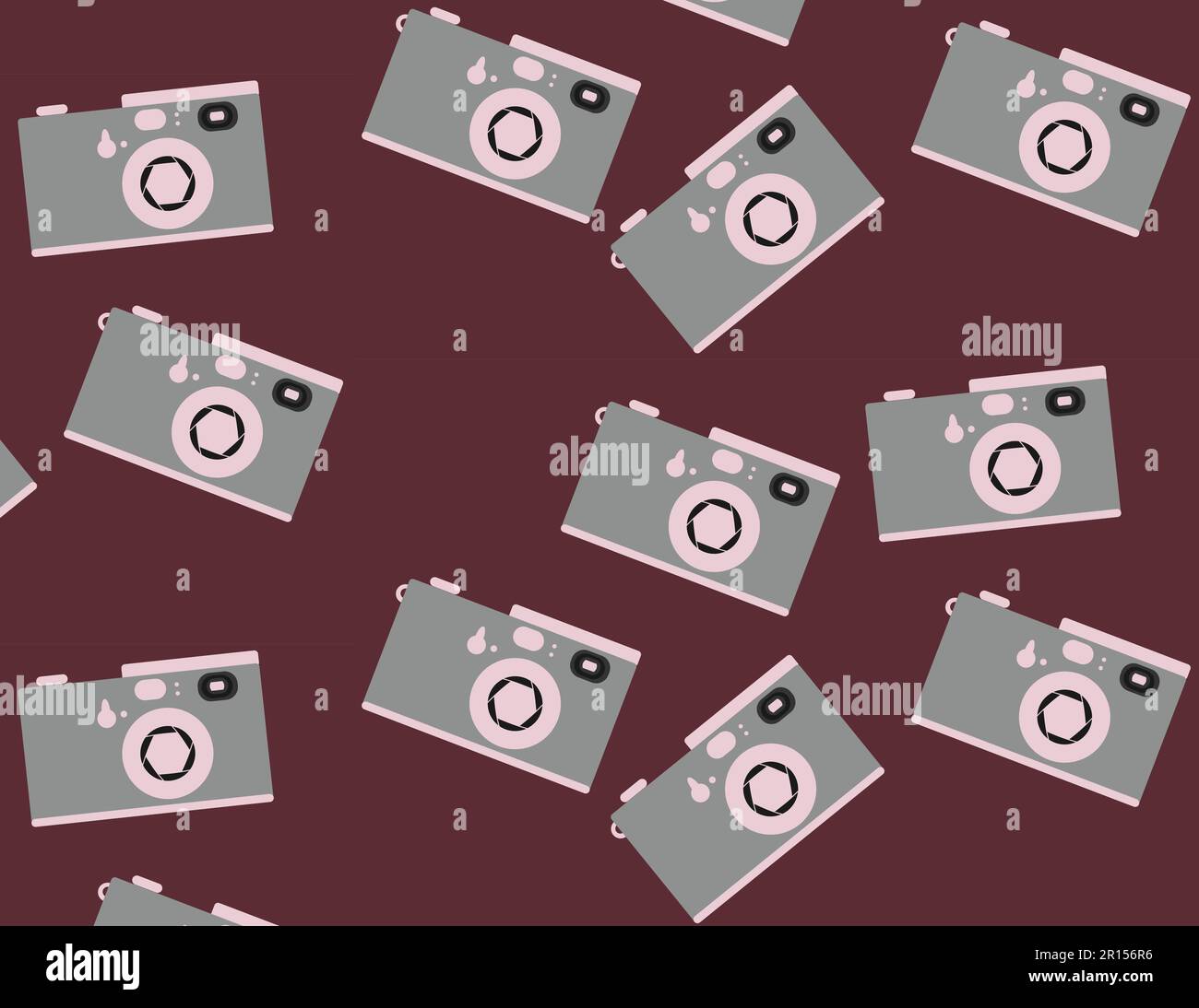 Pattern of pink-gray, hipster, beautiful, vintage retro cameras scattered and turned in different directions on a claret background. Seamless texture. Stock Vector