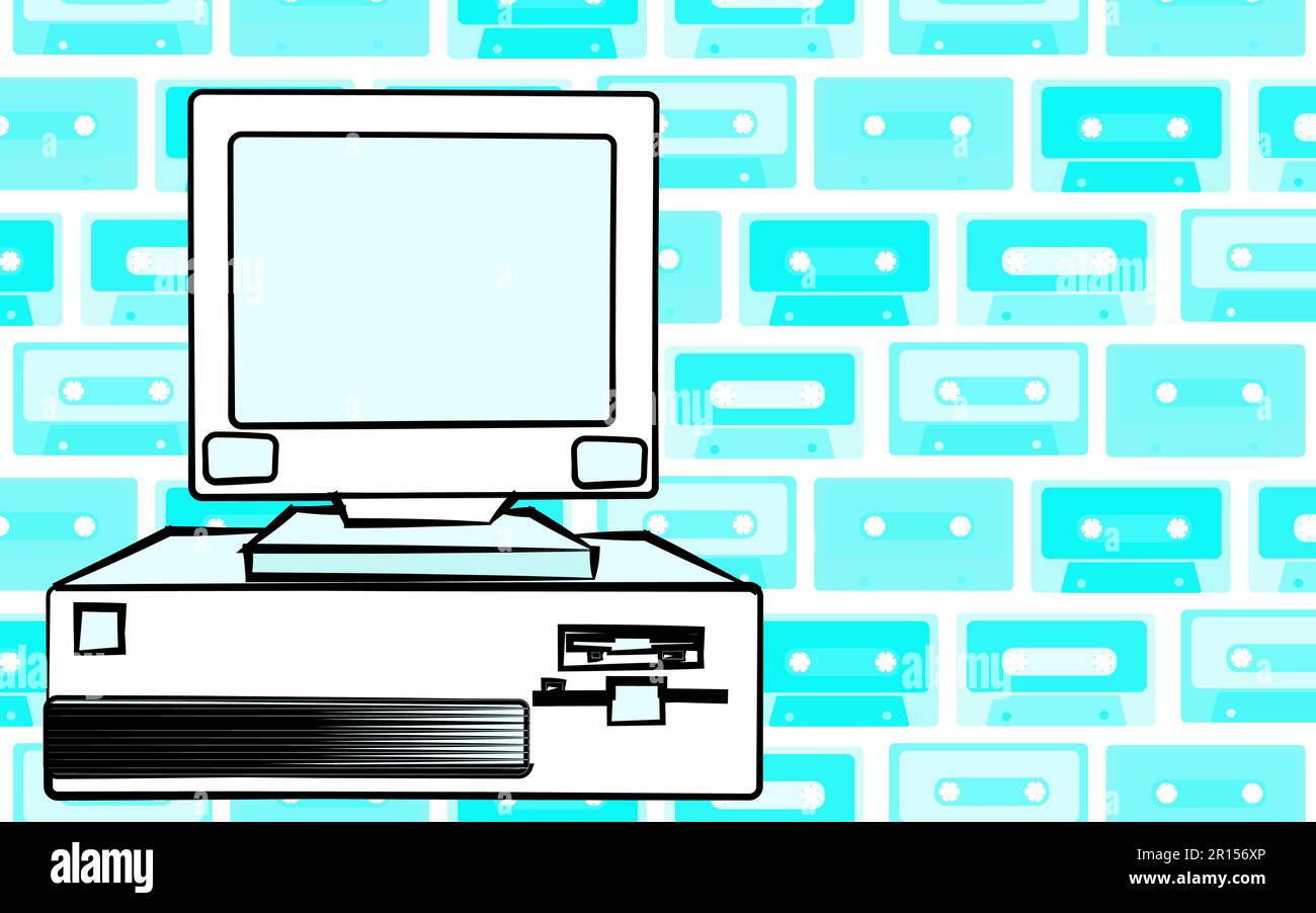 Old retro vintage antique hipster obsolete stationary personal computer with a system unit and a flop from below on a background of blue music audio c Stock Vector