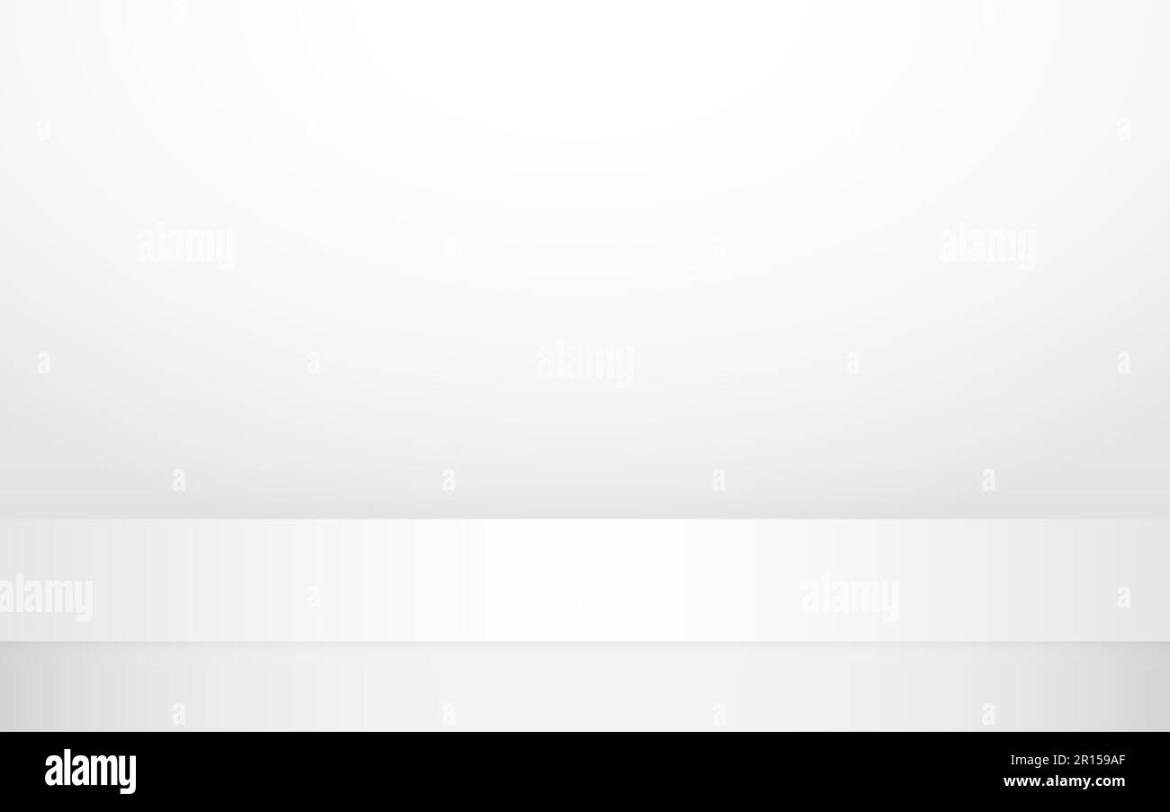 Empty studio background. White table mockup. Neutral room for advertising. Clean interior design. Gray backdrop with soft light. Vector illustration. Stock Vector