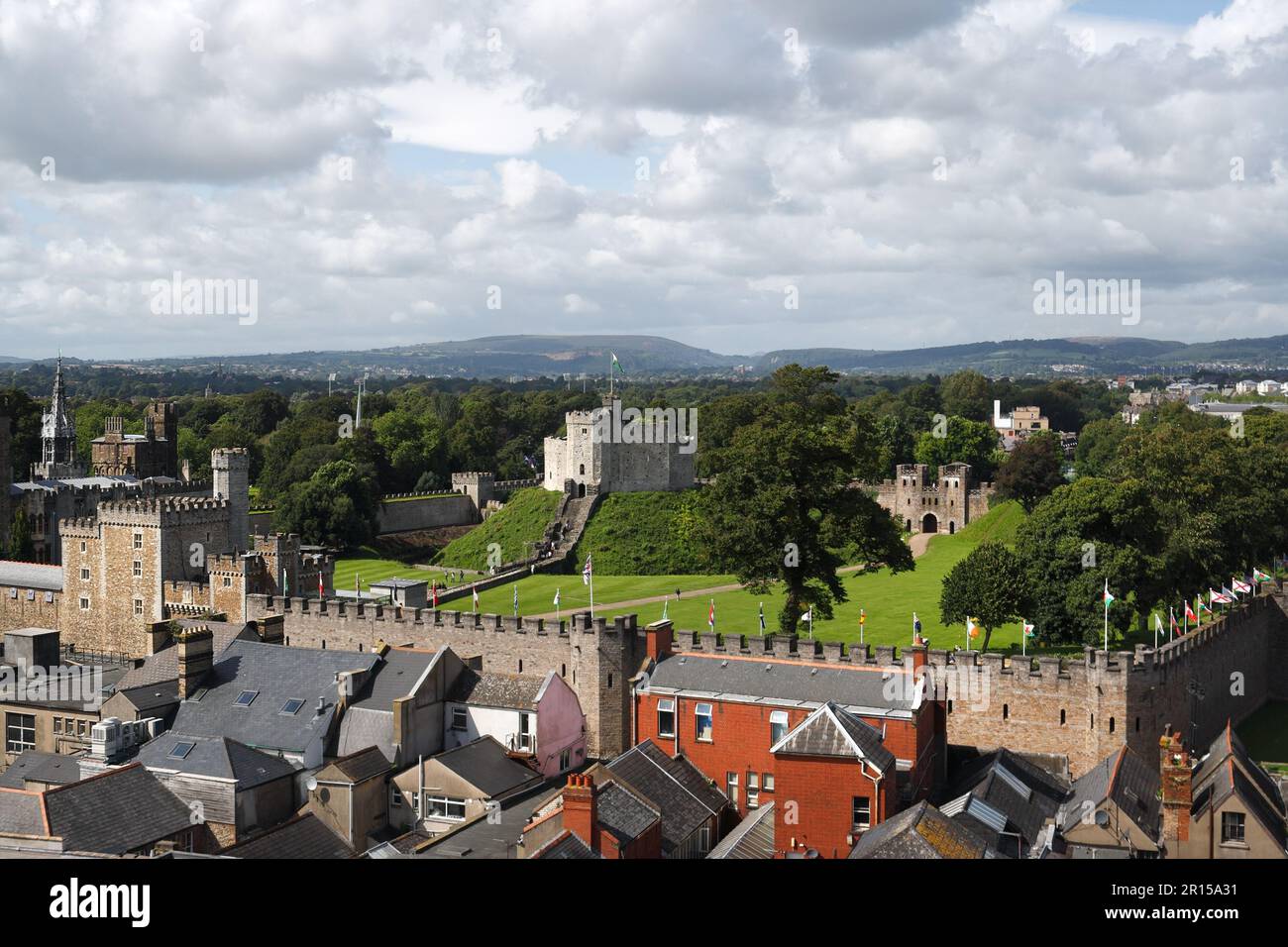 Rooftop view Cardiff Castle Keep in Cardiff city centre, Wales UK, Welsh landmark building cityscape tourist attraction British city Stock Photo