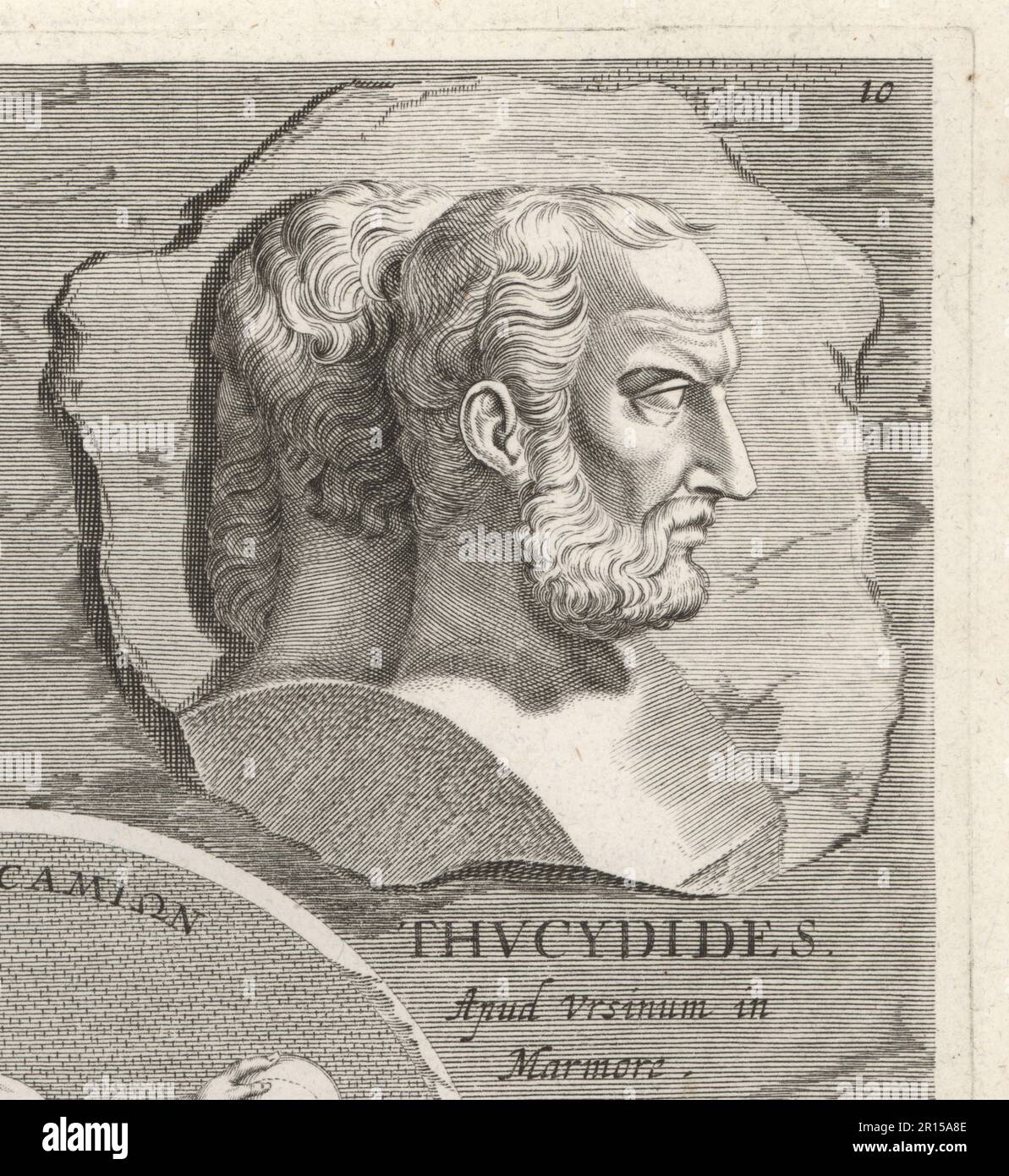 Thucydides, Athenian historian and general, c. 460-400 BC. Author of a History of the Peloponnesian War recounting the fifth-century BC war between Sparta and Athens. Thucydides. Copperplate engraving after an illustration by Joachim von Sandrart from his L’Academia Todesca, della Architectura, Scultura & Pittura, oder Teutsche Academie, der Edlen Bau- Bild- und Mahlerey-Kunste, German Academy of Architecture, Sculpture and Painting, Jacob von Sandrart, Nuremberg, 1675. Stock Photo