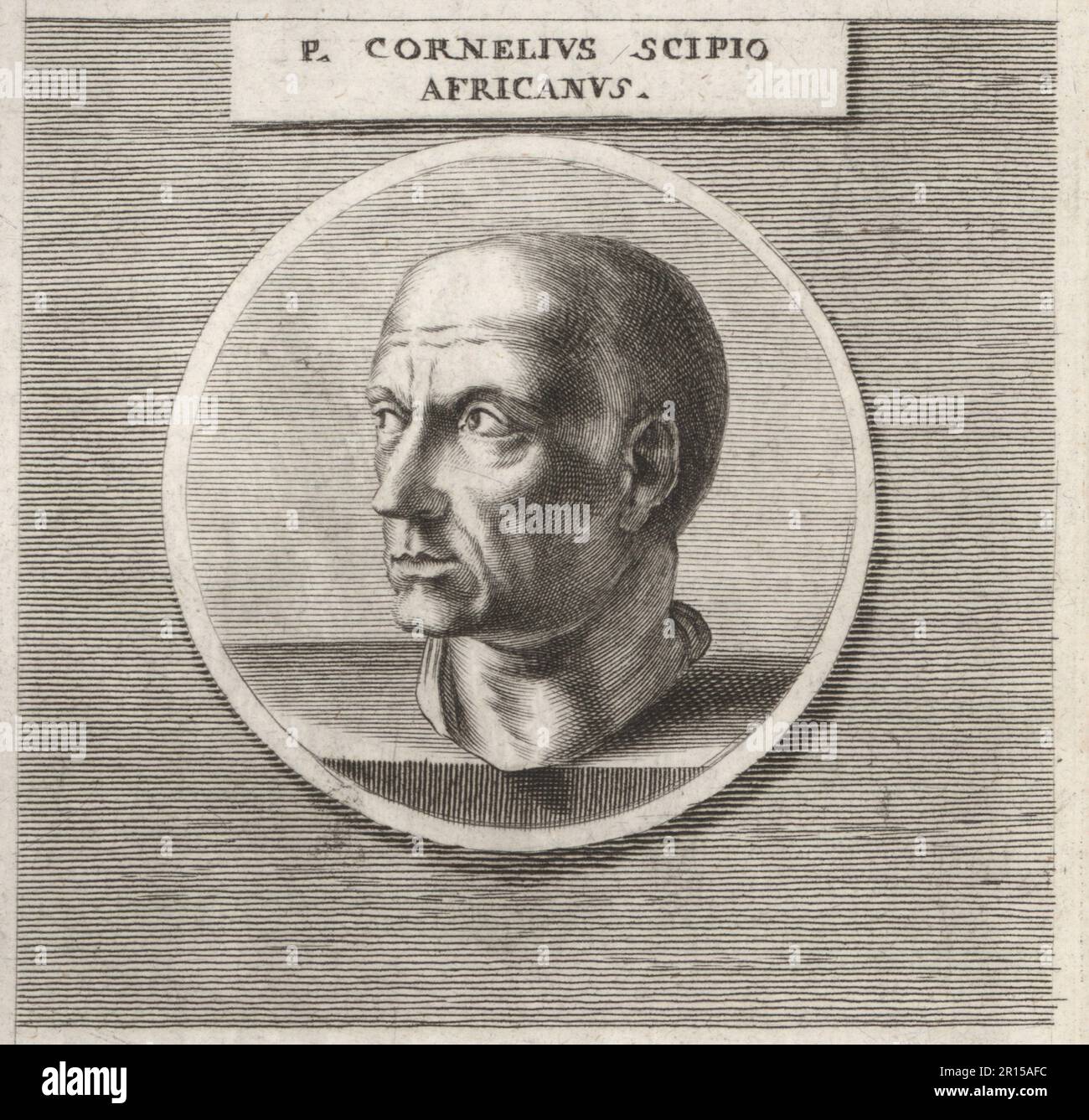 Publius Cornelius Scipio Africanus, Roman general and politician, 236-183 BC. Led Rome to victory against Carthage in the Second Punic War and defeated Hannibal at the Battle of Zama in 202 BC. P. Cornelius Scipio Africanus. Copperplate engraving after an illustration by Joachim von Sandrart from his L’Academia Todesca, della Architectura, Scultura & Pittura, oder Teutsche Academie, der Edlen Bau- Bild- und Mahlerey-Kunste, German Academy of Architecture, Sculpture and Painting, Jacob von Sandrart, Nuremberg, 1675. Stock Photo
